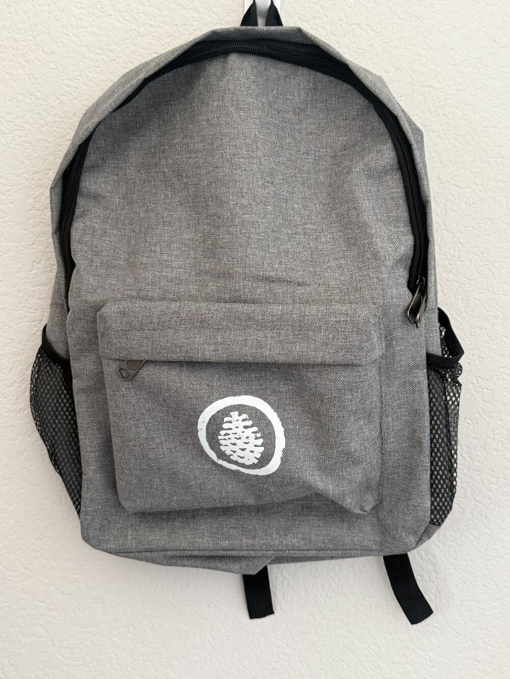 Gray Backpack Pine Cone Logo School Travel Laptop Book Bag Daypack Camp
